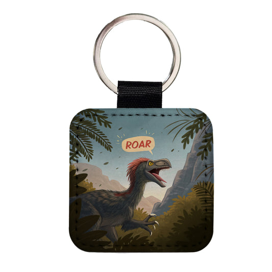 Therizinosaurus Roar Dinosaur Square Faux Leather Keychain