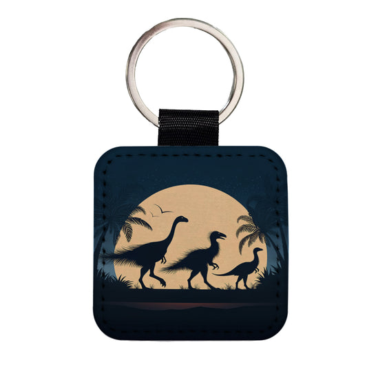 Therizinosaurus Silhouettes Night Dinosaurs Square Faux Leather Keychain