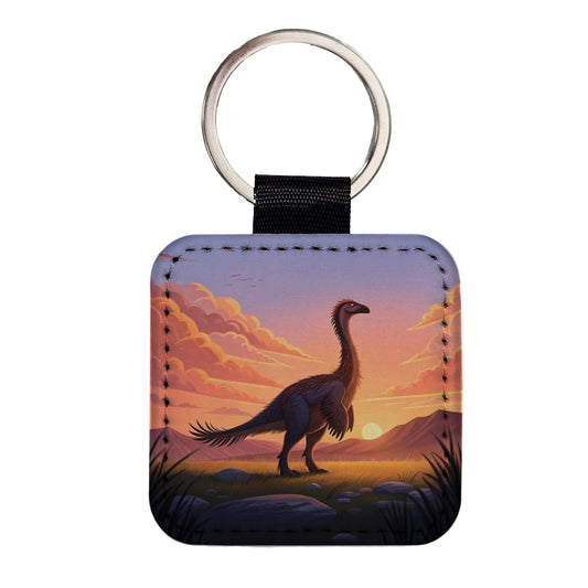 Therizinosaurus Sunset Sunrise Dinosaur Square Faux Leather Keychain