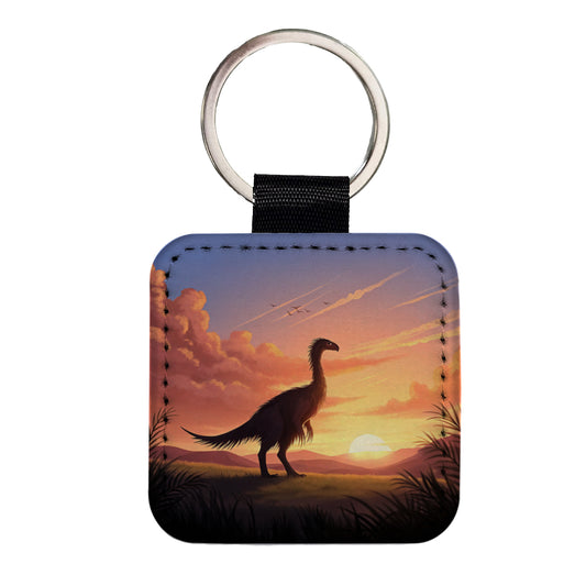 Therizinosaurus Sunset Square Faux Leather Keychain