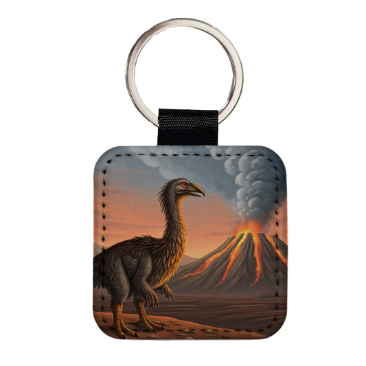 Therizinosaurus Volcano Erupting Dinosaur Square Faux Leather Keychain