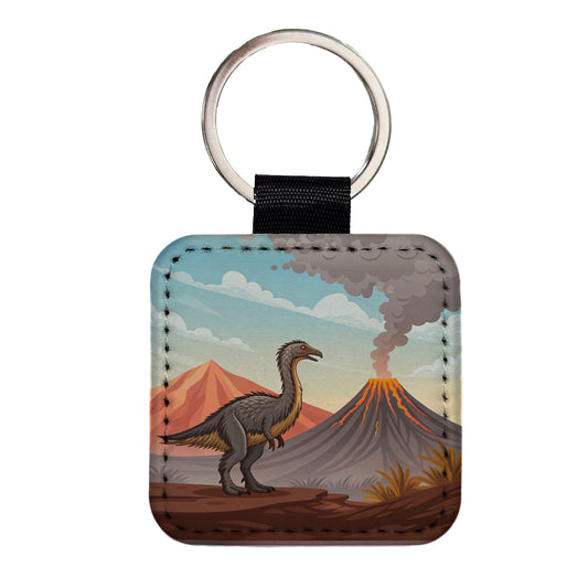 Therizinosaurus Volcano Square Faux Leather Keychain
