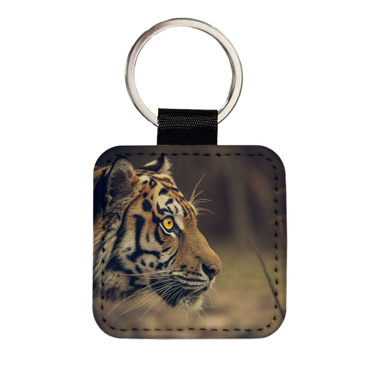 Tiger Eye Face Side View Square Faux Leather Keychain