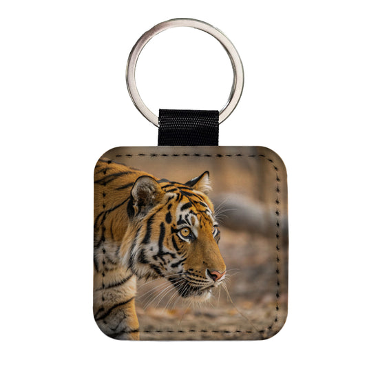 Tiger Eyes Close Up Square Faux Leather Keychain