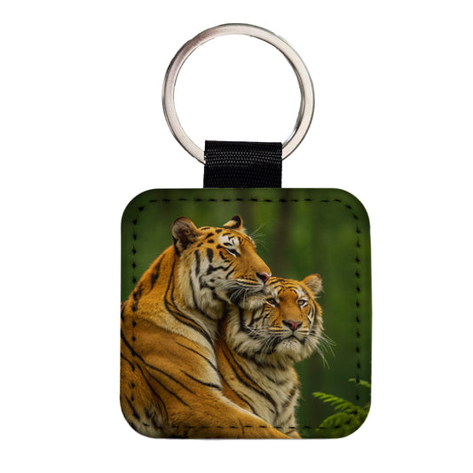 Tigers Hug Love Square Faux Leather Keychain