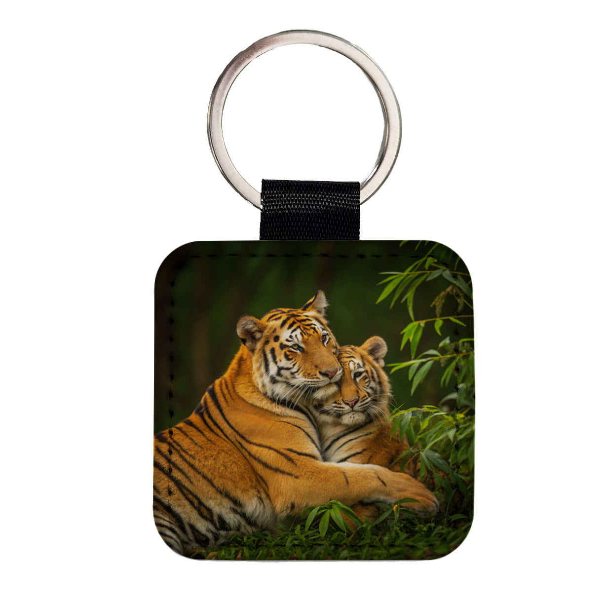Tigers Hugging Love Square Faux Leather Keychain