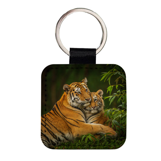 Tigers Hugging Love Square Faux Leather Keychain