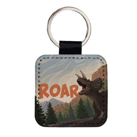 Triceratops Roar Bold Dinosaur Square Faux Leather Keychain