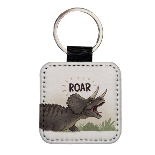 Triceratops Roar Dinosaur Square Faux Leather Keychain