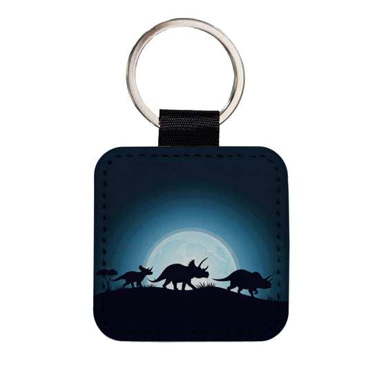 Triceratops Silhouettes Dinosaur Square Faux Leather Keychain