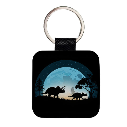 Triceratops Silhouettes Night Dinosaurs Square Faux Leather Keychain