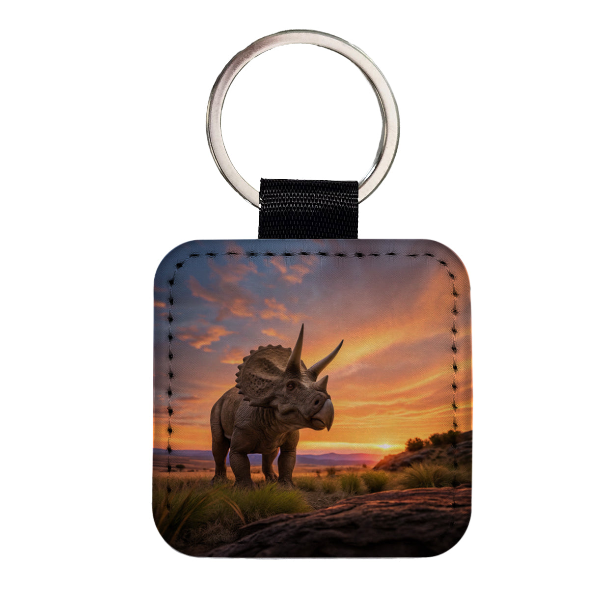 Triceratops Sunset Dinosaur Square Faux Leather Keychain