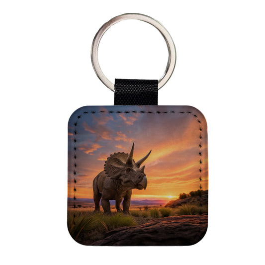 Triceratops Sunset Dinosaur Square Faux Leather Keychain