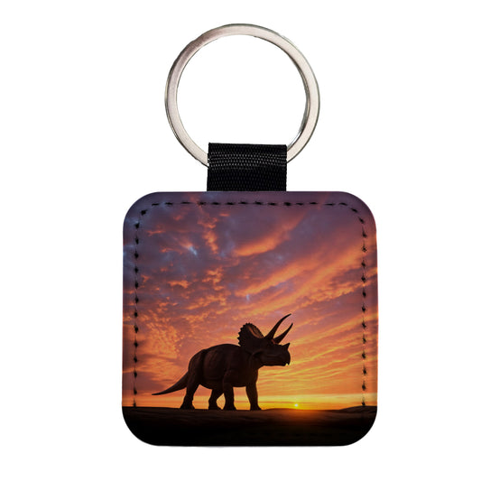 Triceratops Sunset Sunrise Dinosaur Square Faux Leather Keychain