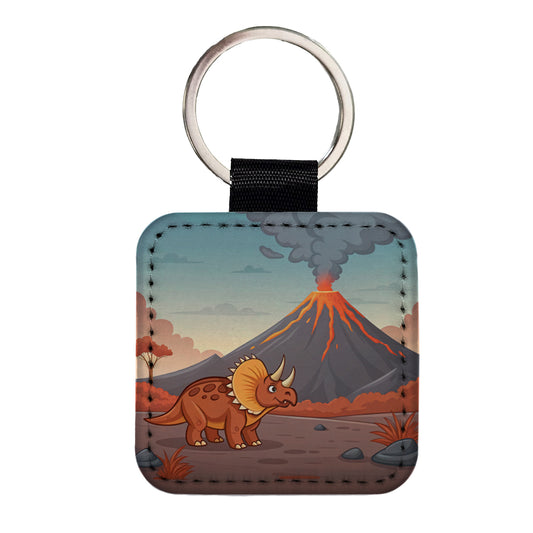 Triceratops Volcano Dinosaur Square Faux Leather Keychain