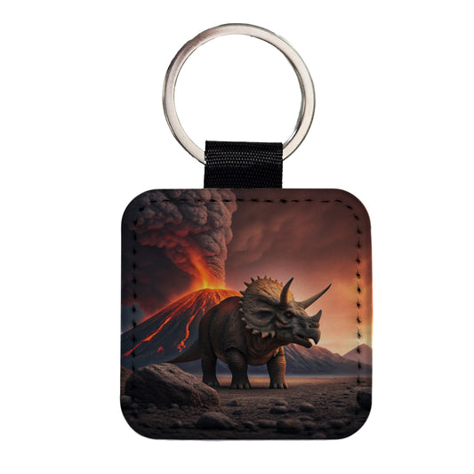 Triceratops Volcano Erupting Dinosaur Square Faux Leather Keychain