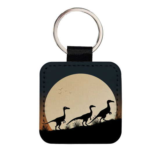 Troodon Silhouettes Dinosaurs Square Faux Leather Keychain