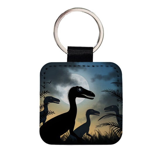Troodon Silhouettes Night Dinosaurs Square Faux Leather Keychain