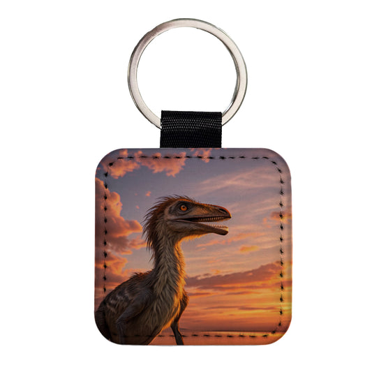 Troodon Sunset Dinosaur Square Faux Leather Keychain