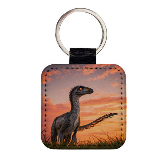 Troodon Sunset Sunrise Dinosaur Square Faux Leather Keychain