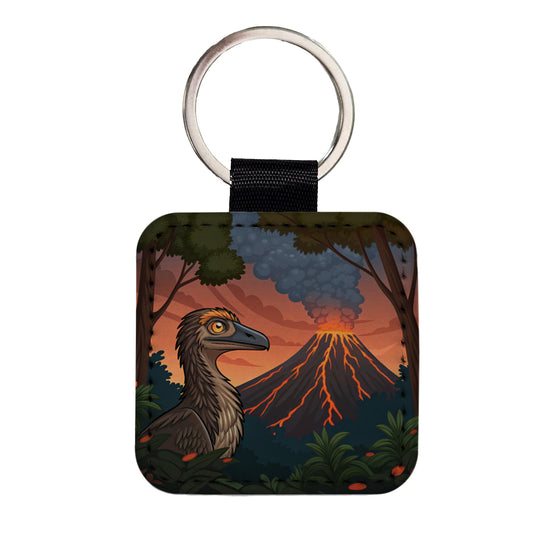 Troodon Volcano Dinosaur Square Faux Leather Keychain