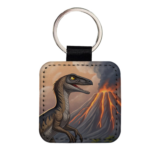 Troodon Volcano Erupting Dinosaur Square Faux Leather Keychain