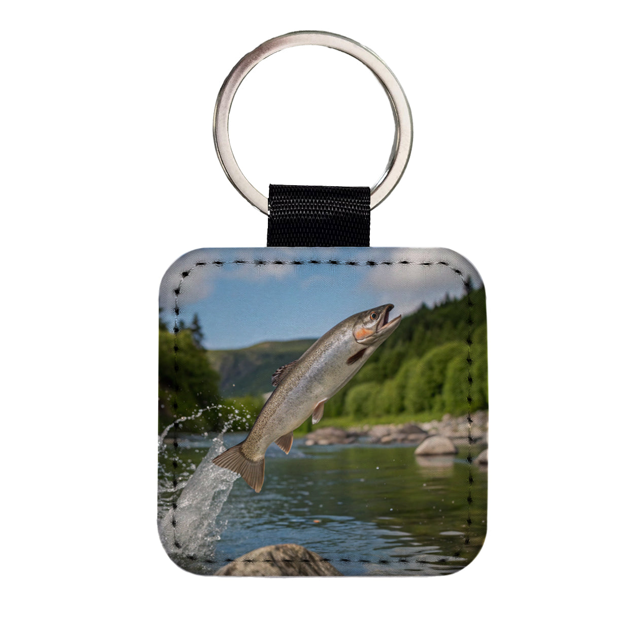 Trout Fish Jumping Fishing River Square Faux Leather Keychain