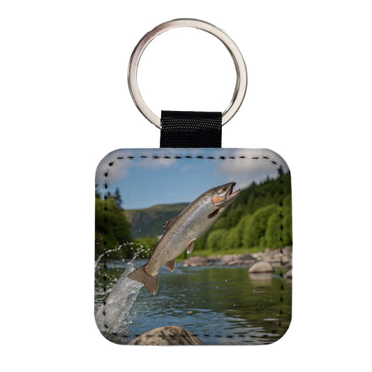 Trout Fish Jumping Fishing River Square Faux Leather Keychain