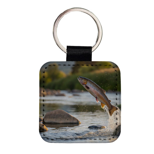 Trout Fish Jumping Fishing Square Faux Leather Keychain