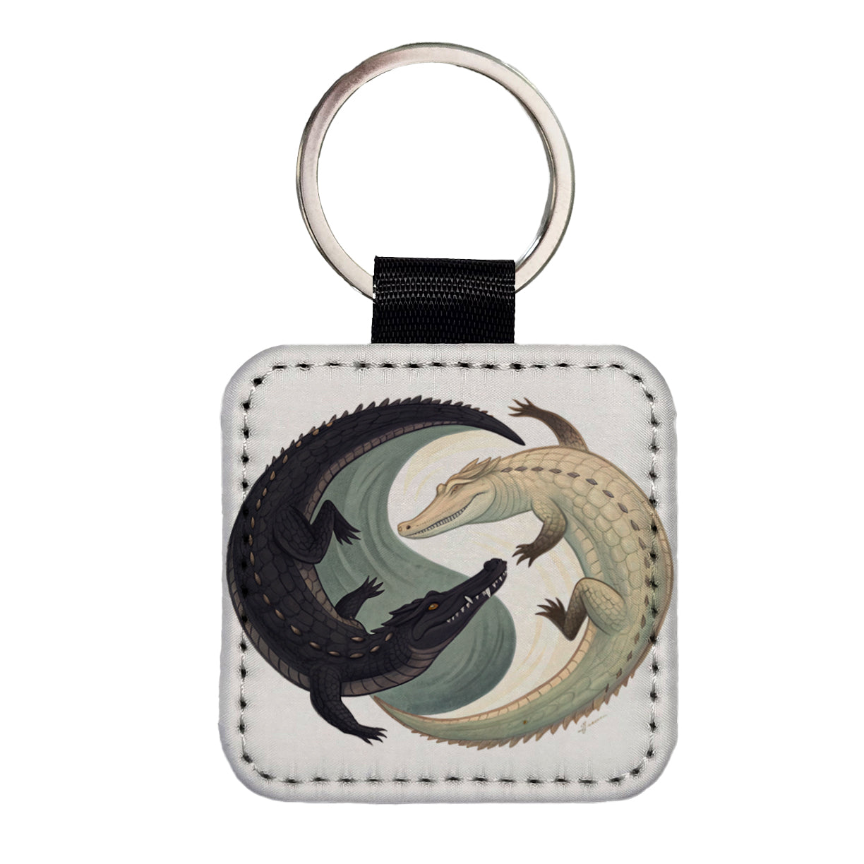 Two Alligators Yin Yang Square Faux Leather Keychain