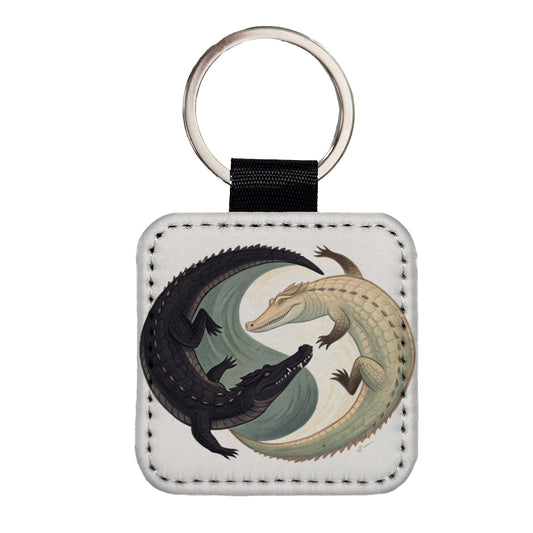 Two Alligators Yin Yang Square Faux Leather Keychain