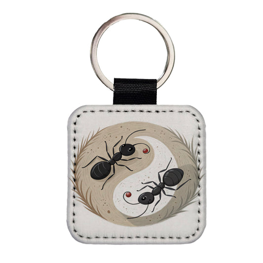Two Ants Yin Yang Square Faux Leather Keychain