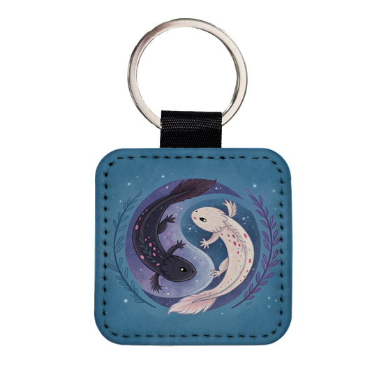 Two Axolotl Yin Yang Square Faux Leather Keychain