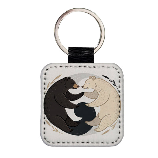 Two Bears Yin Yang Square Faux Leather Keychain