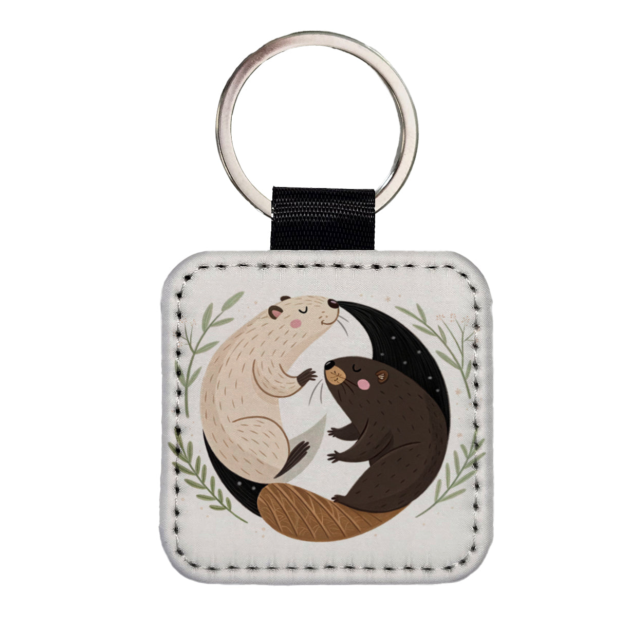 Two Beavers Yin Yang Cute Square Faux Leather Keychain