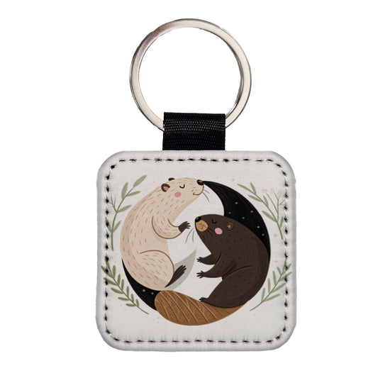 Two Beavers Yin Yang Cute Square Faux Leather Keychain