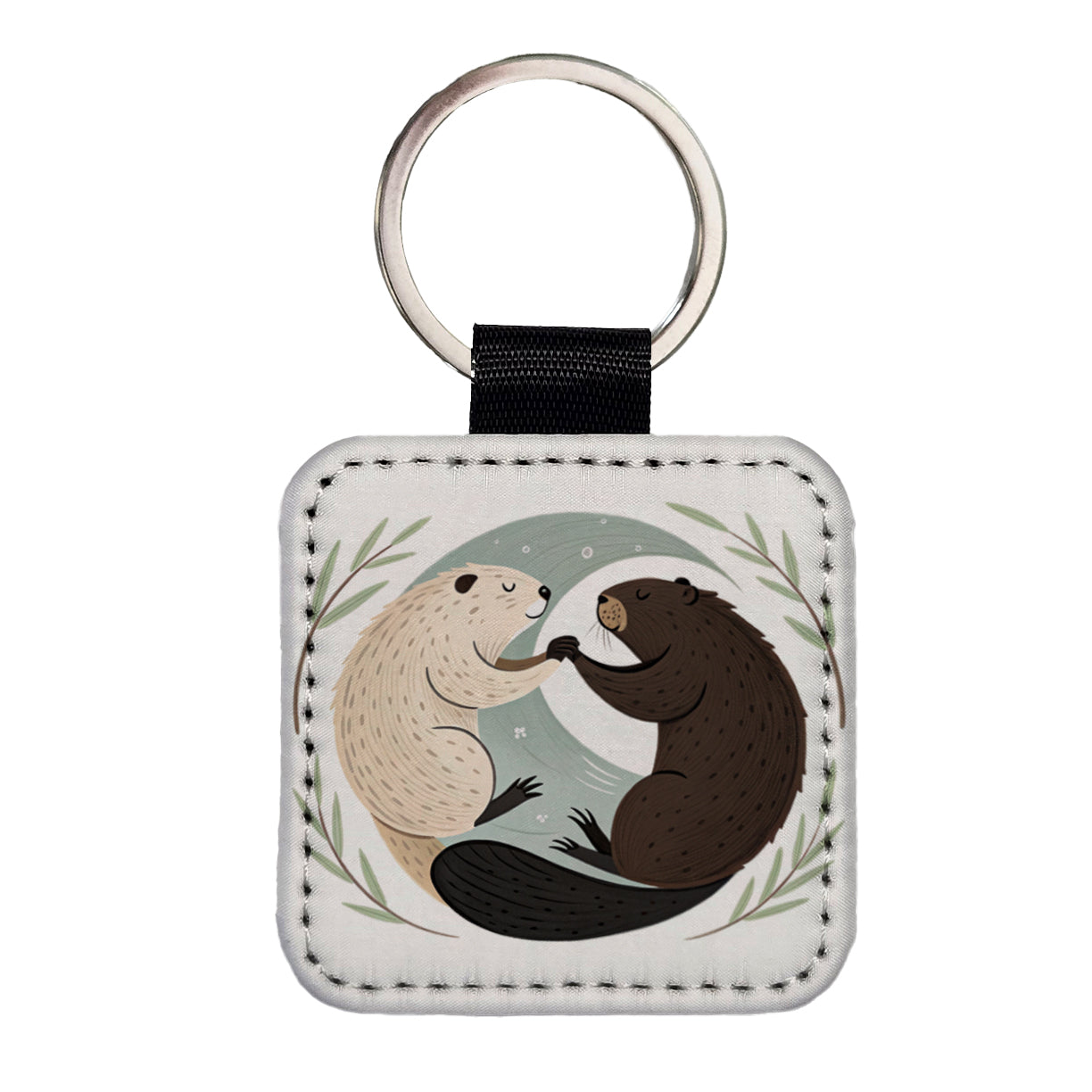 Two Beavers Yin Yang Square Faux Leather Keychain