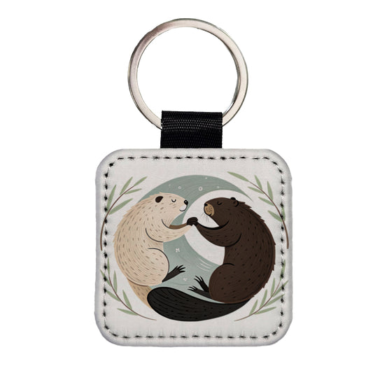 Two Beavers Yin Yang Square Faux Leather Keychain