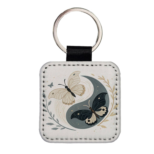 Two Butterflies Yin Yang Square Faux Leather Keychain