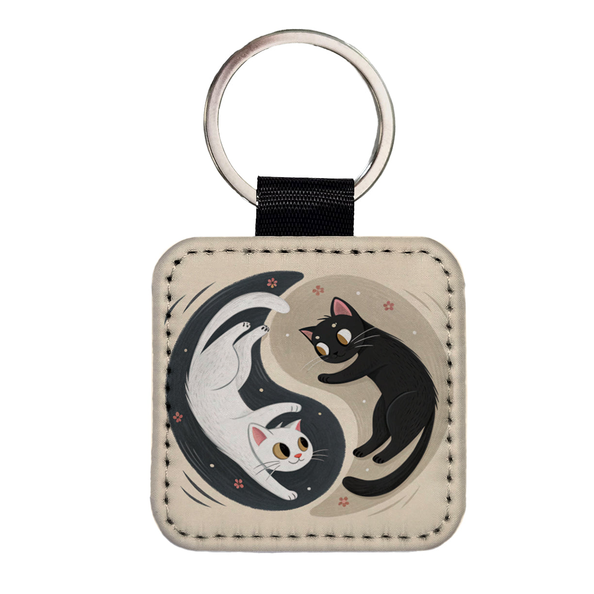 Two Cats Yin Yang Black White Square Faux Leather Keychain