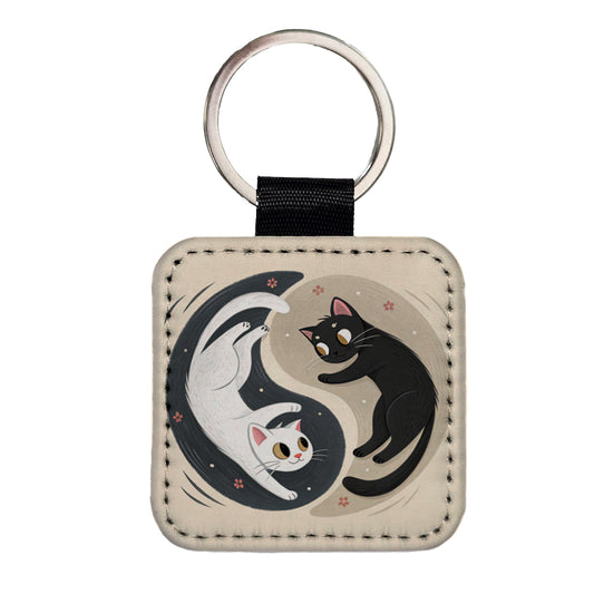 Two Cats Yin Yang Black White Square Faux Leather Keychain