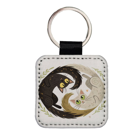 Two Cats Yin Yang Square Faux Leather Keychain