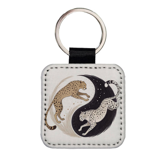 Two Cheetahs Yin Yang Square Faux Leather Keychain