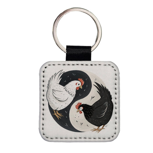 Two Chickens Yin Yang White Black Square Faux Leather Keychain