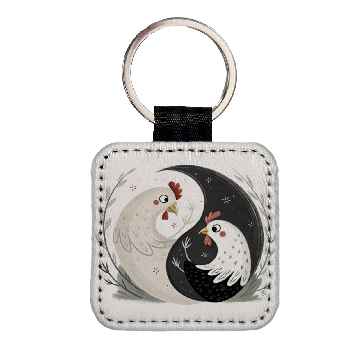 Two Chickens Yin Yang Square Faux Leather Keychain