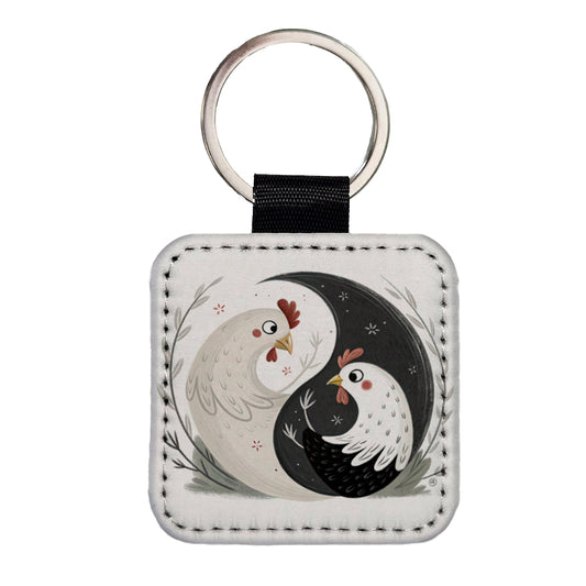 Two Chickens Yin Yang Square Faux Leather Keychain
