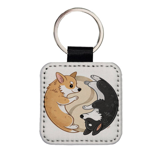 Two Corgis Yin Yang Dogs Cute Square Faux Leather Keychain