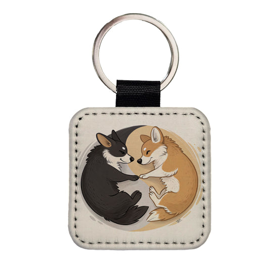Two Corgis Yin Yang Dogs Square Faux Leather Keychain