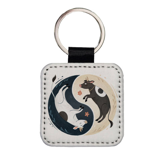 Two Cows Yin Yang Illustration Square Faux Leather Keychain