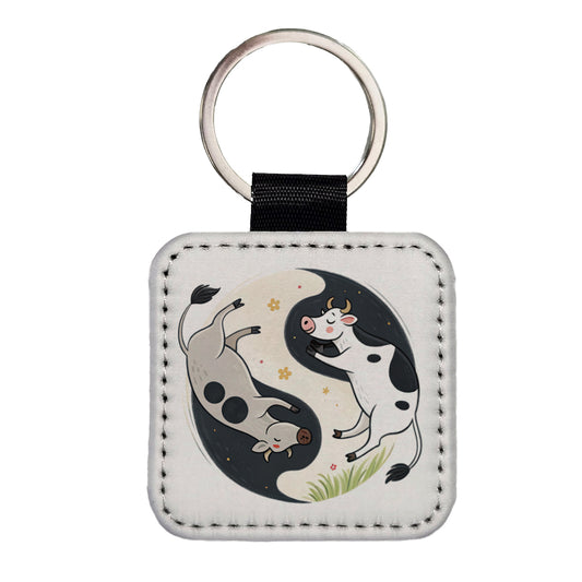 Two Cows Yin Yang Square Faux Leather Keychain